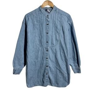 New York Line Denim Cotton Shirt Women L Blue Western Boho Minimal Modest